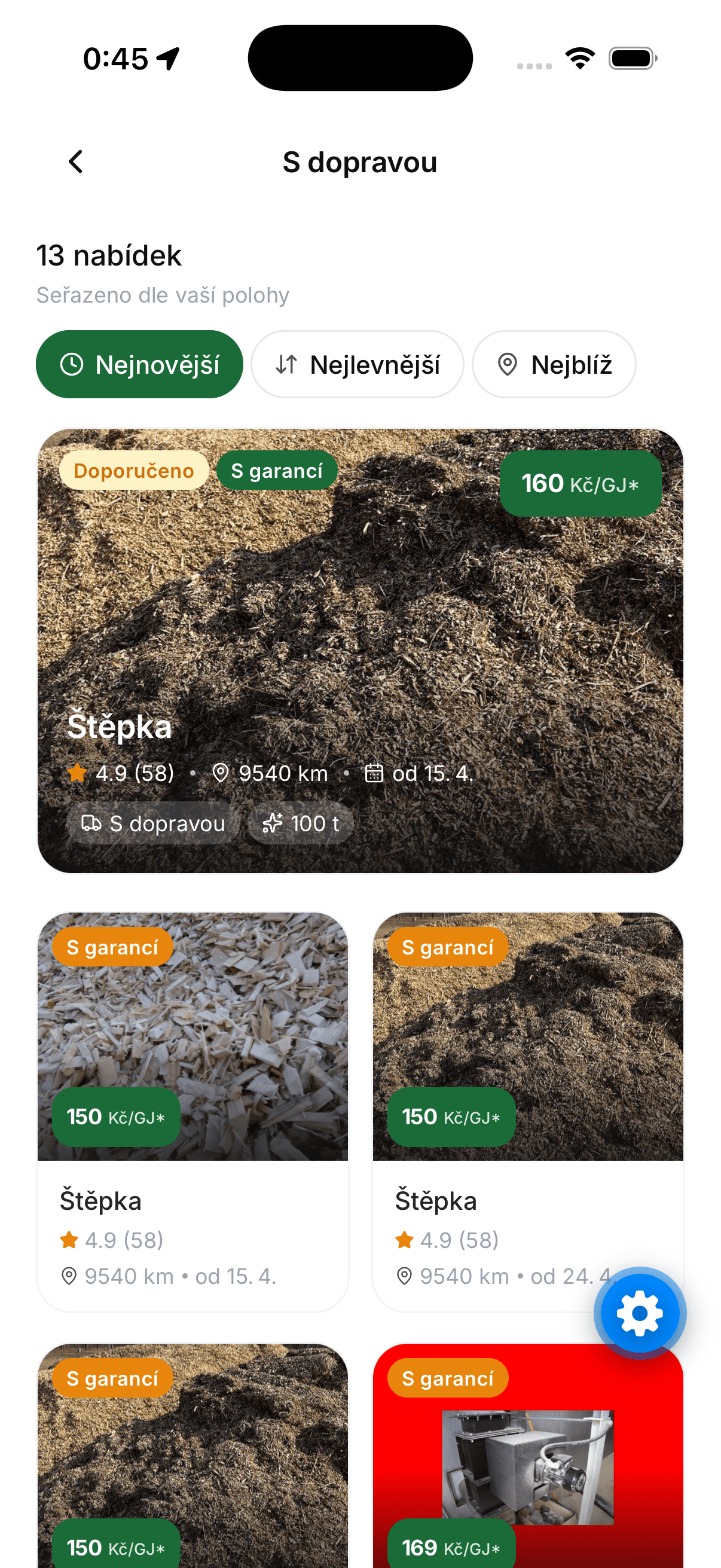 Seznam nabídek v aplikaci Biomaxa