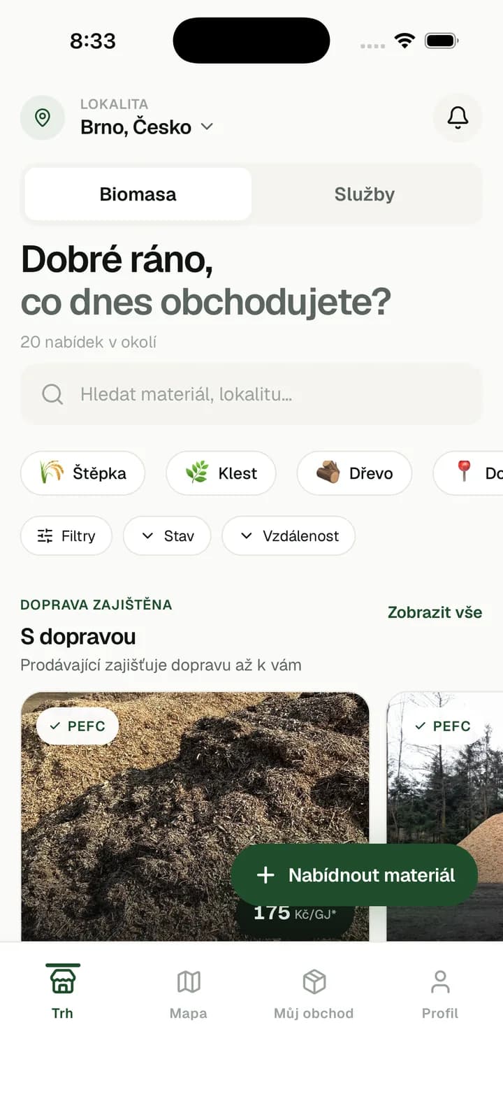Úvodní obrazovka aplikace biomaxa. s nabídkami v okolí a tlačítkem Nabídnout materiál